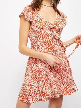 Free People Women's French Quarter Wrap Mini Dress in Red Print Size Medium